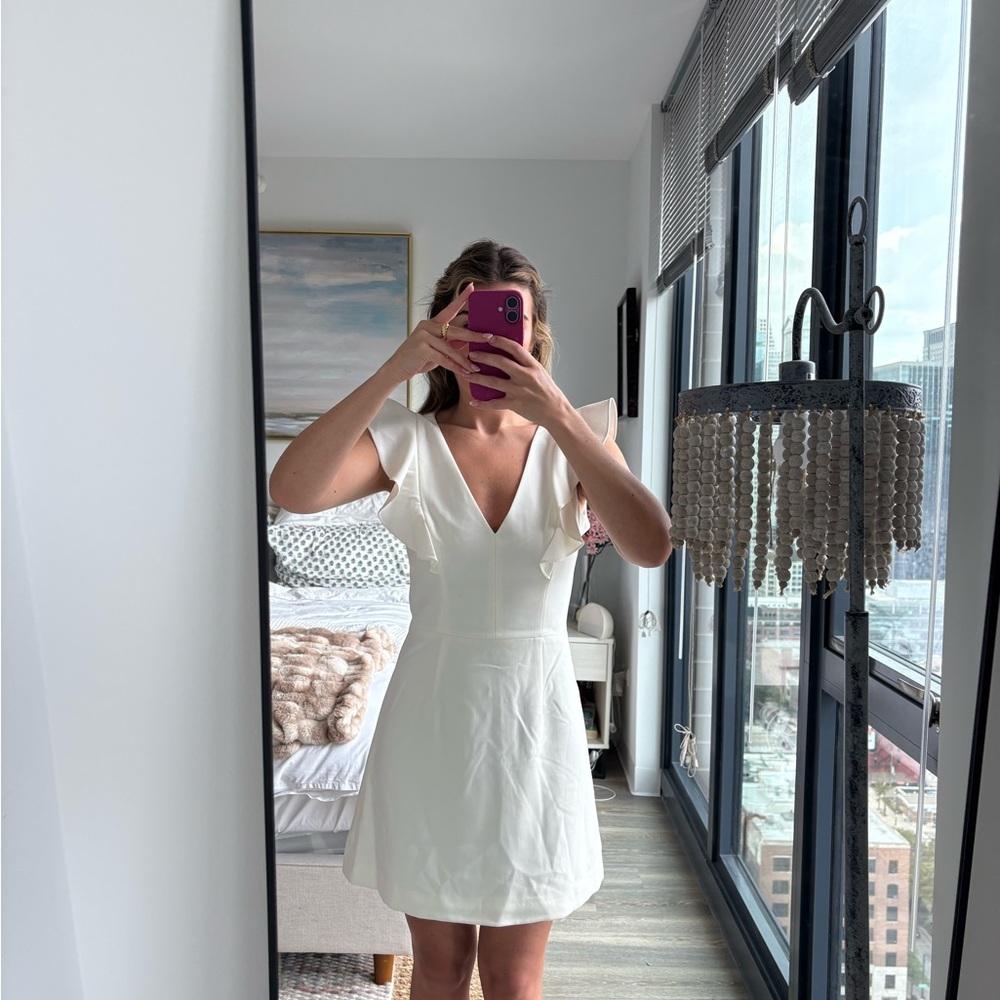 White V-Neck Ruffle Sleeve Dress for Women